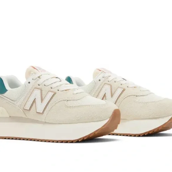 New Balance Women's 574 Platform Sneakers Cream with Teal Accent - Picture 2 of 3